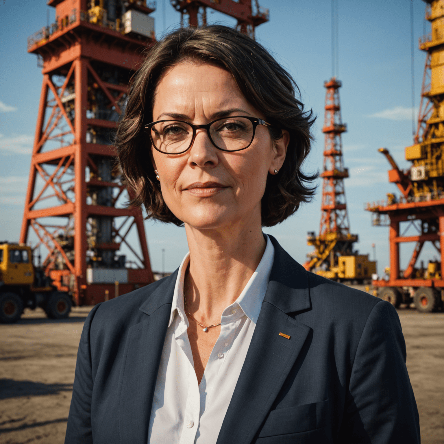 Portrait of Sarah Thompson, a middle-aged woman with short dark hair and glasses, wearing a professional blazer, standing in front of an oil rig