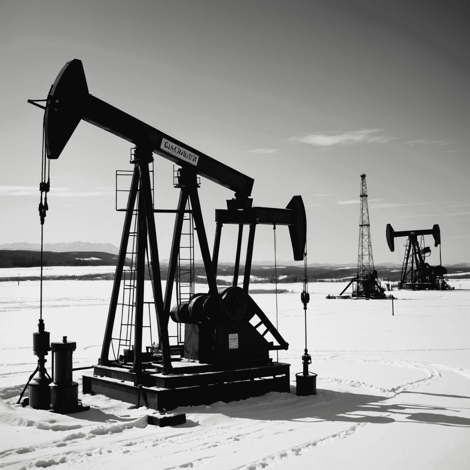 A black and white image of Canadian oil wells against a stark landscape, showcasing the boom and bust cycle of the industry