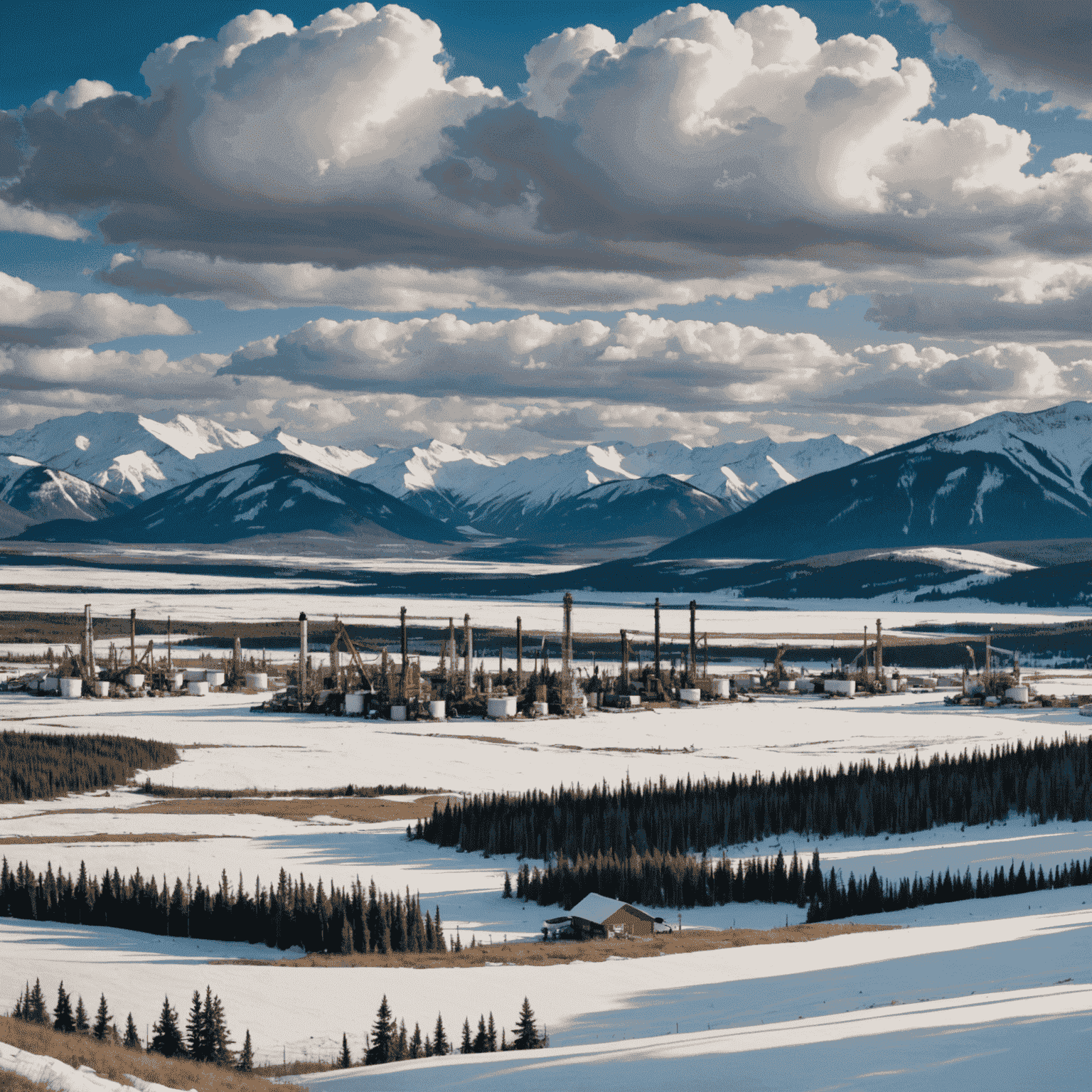 A panoramic view of Canadian oil wells stretching across a vast landscape, with snow-capped mountains in the background and a dramatic cloudy sky overhead.