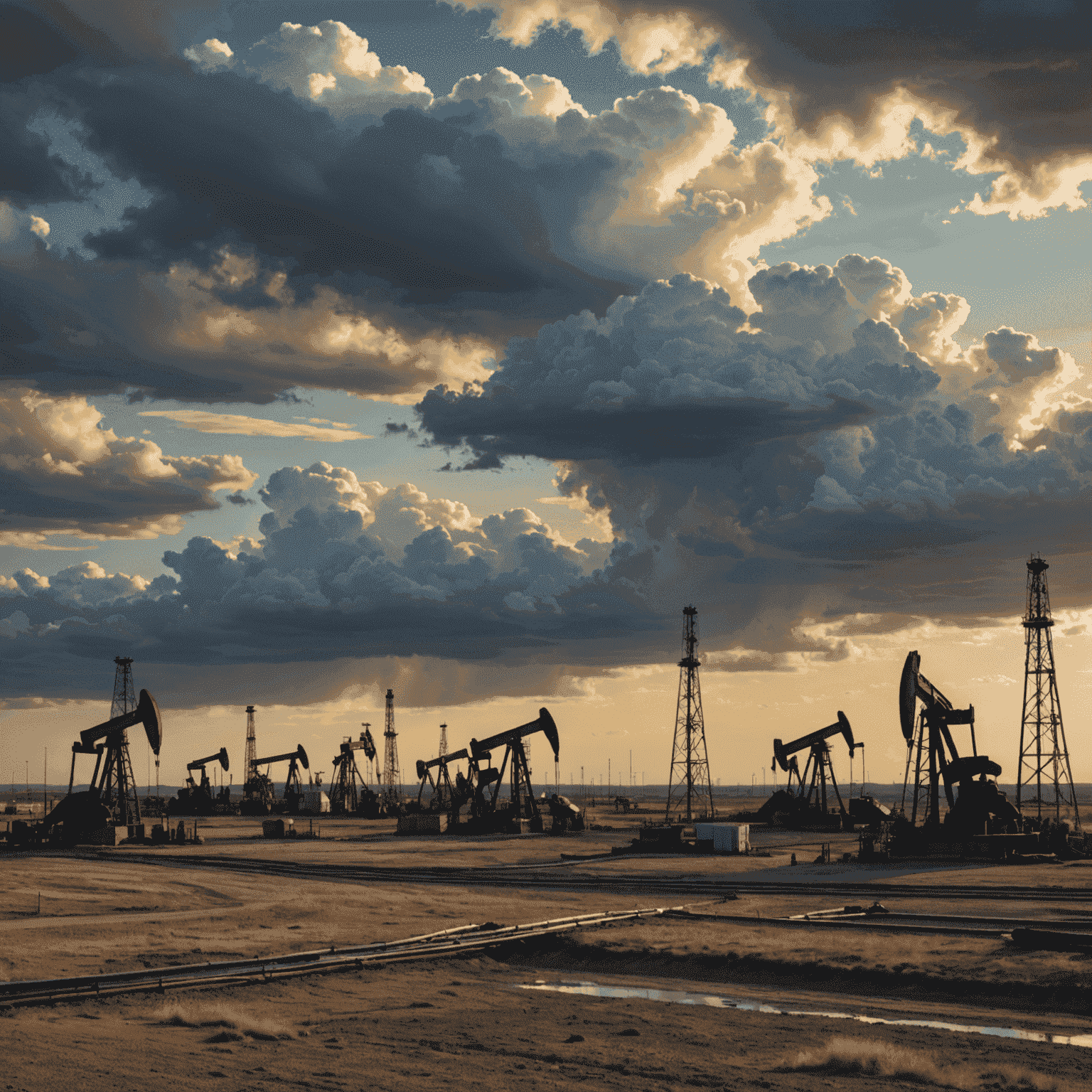 Panoramic view of Canadian oil fields with multiple oil wells against a dramatic sky, showcasing the vastness of the industry