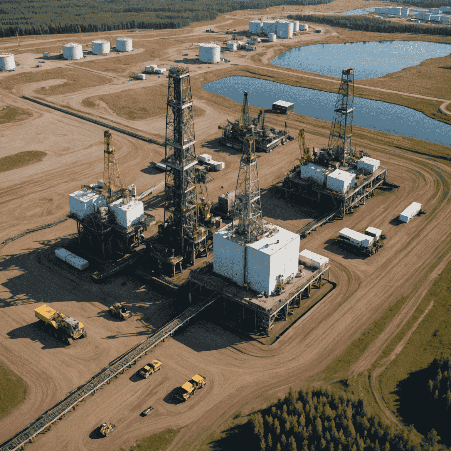 Aerial view of a modern Canadian oil extraction site, showcasing advanced drilling rigs and environmental protection measures