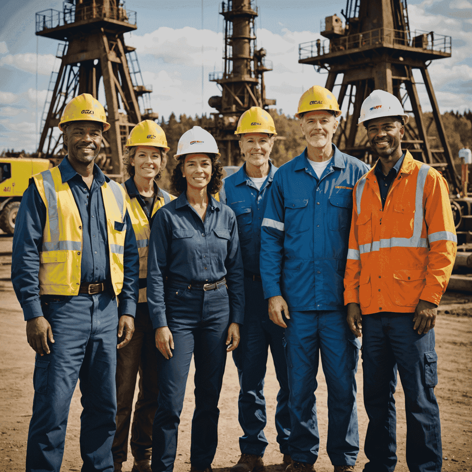 A diverse group of oil workers standing in front of an oil well, showcasing the community aspect of the industry. The image captures both men and women of various ages and ethnicities, wearing hard hats and safety gear, symbolizing the inclusive nature of oil well careers in Canada.