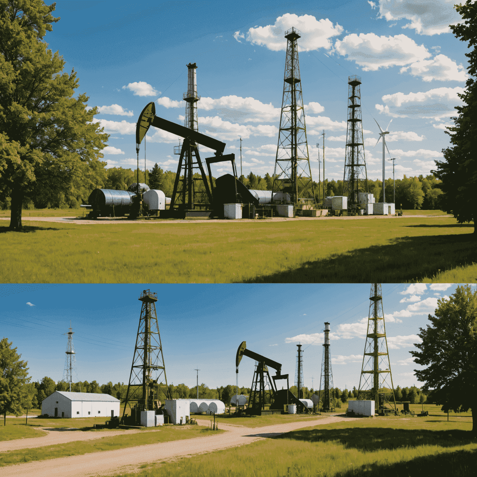 A split image showing traditional oil wells on one side and modern sustainable energy technologies on the other, symbolizing the transition in the Canadian oil industry