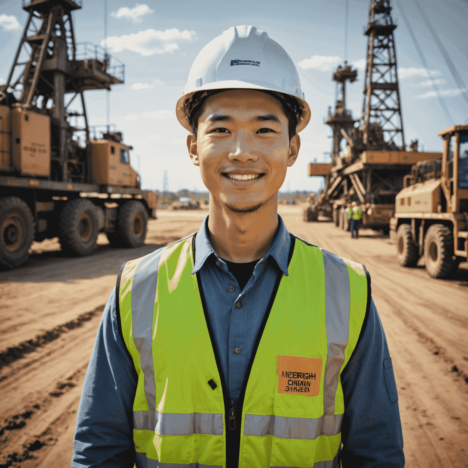 Portrait of Michael Chen, a young Asian man with a friendly smile, wearing a hard hat and safety vest, standing in an oil field