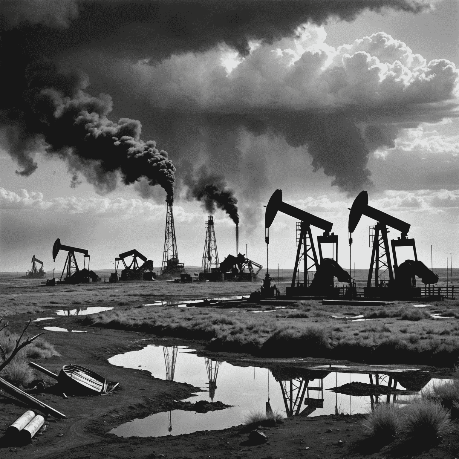 A monochrome image depicting the environmental impact of oil wells, showing wildlife and natural landscapes affected by oil extraction