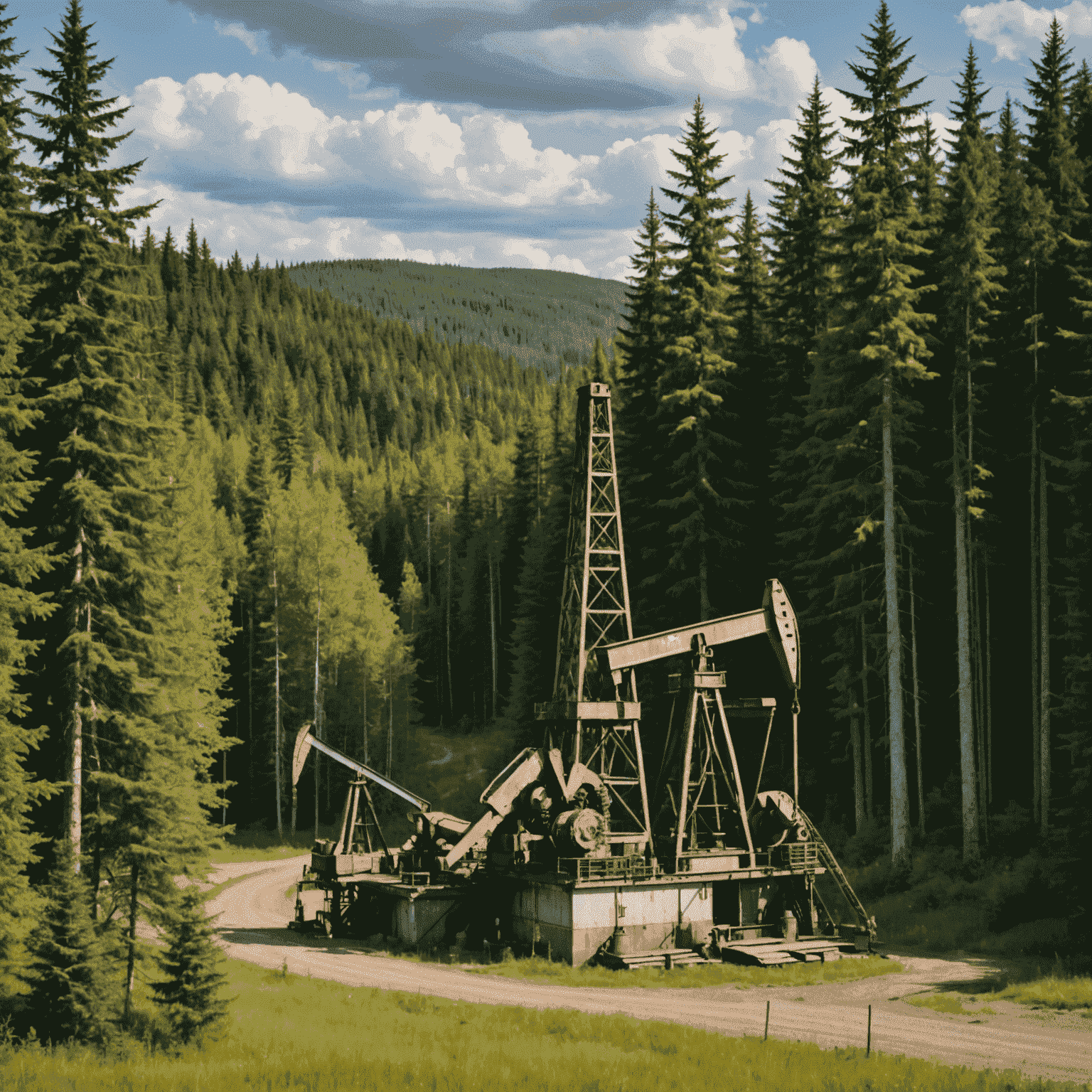 A split image showing an oil well on one side and a pristine Canadian forest on the other, symbolizing the balance between industry and environmental conservation.