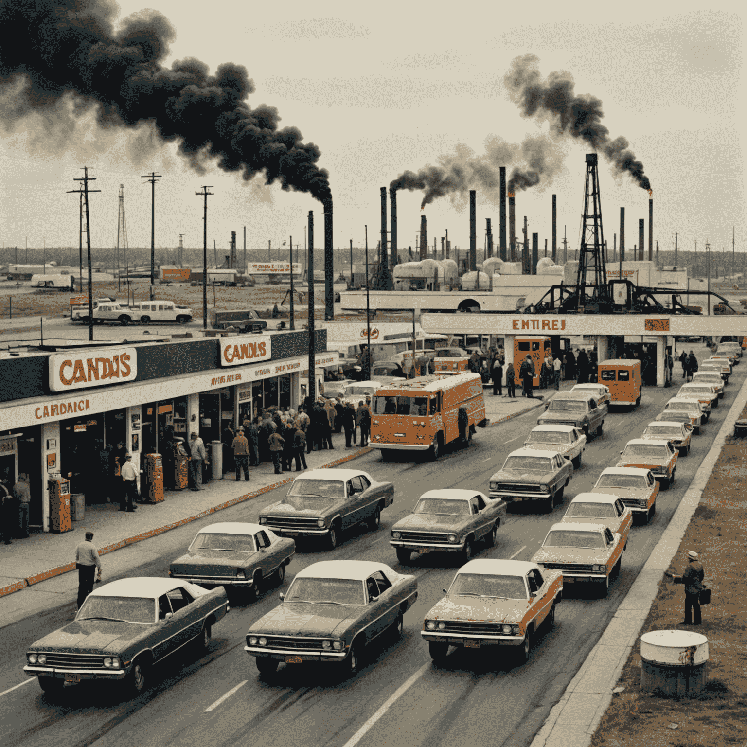 Historical photograph of 1970s oil crisis with long lines at gas stations juxtaposed with busy Canadian oil fields