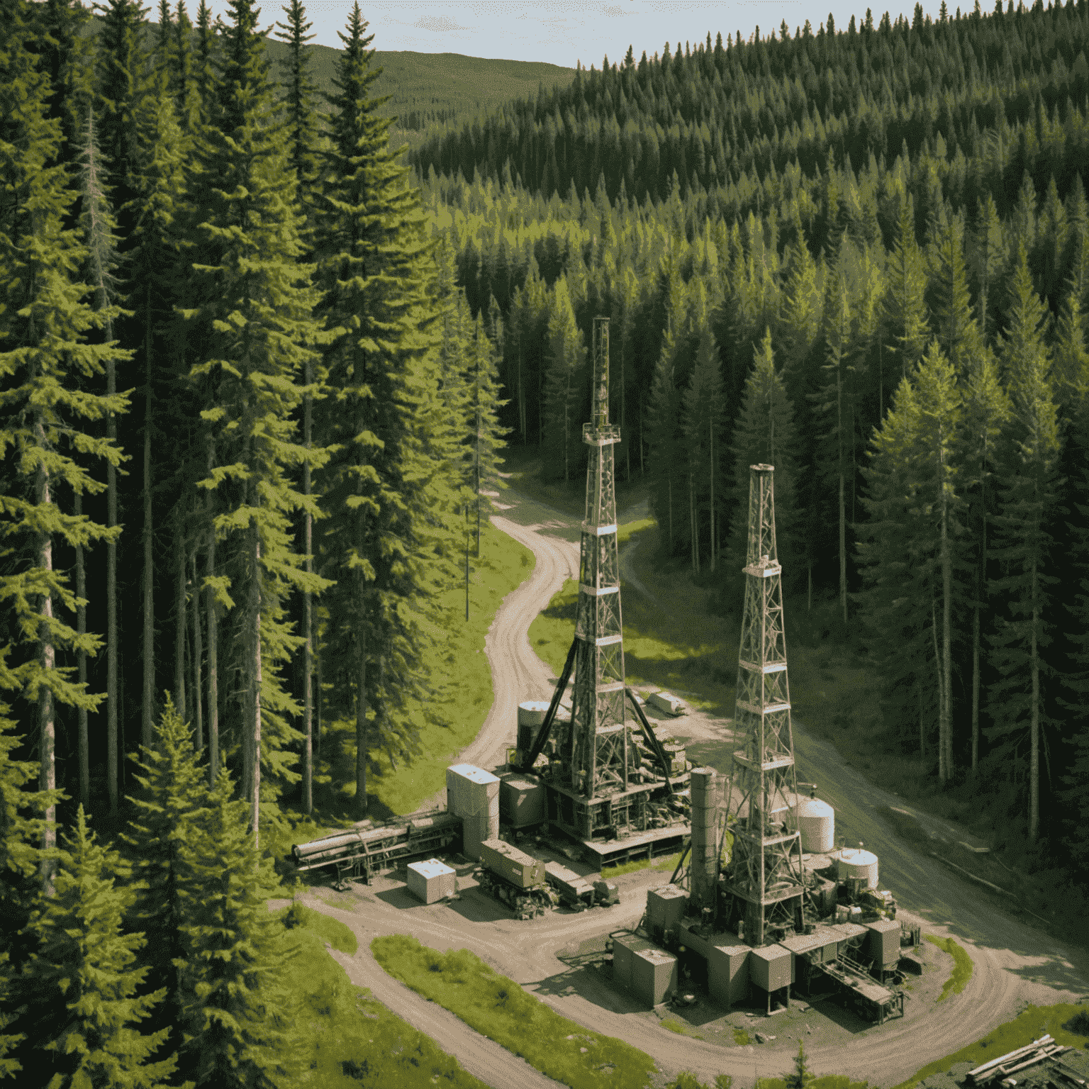 Split image showing pristine Canadian forest on one side and an active oil well site on the other, highlighting the environmental contrast