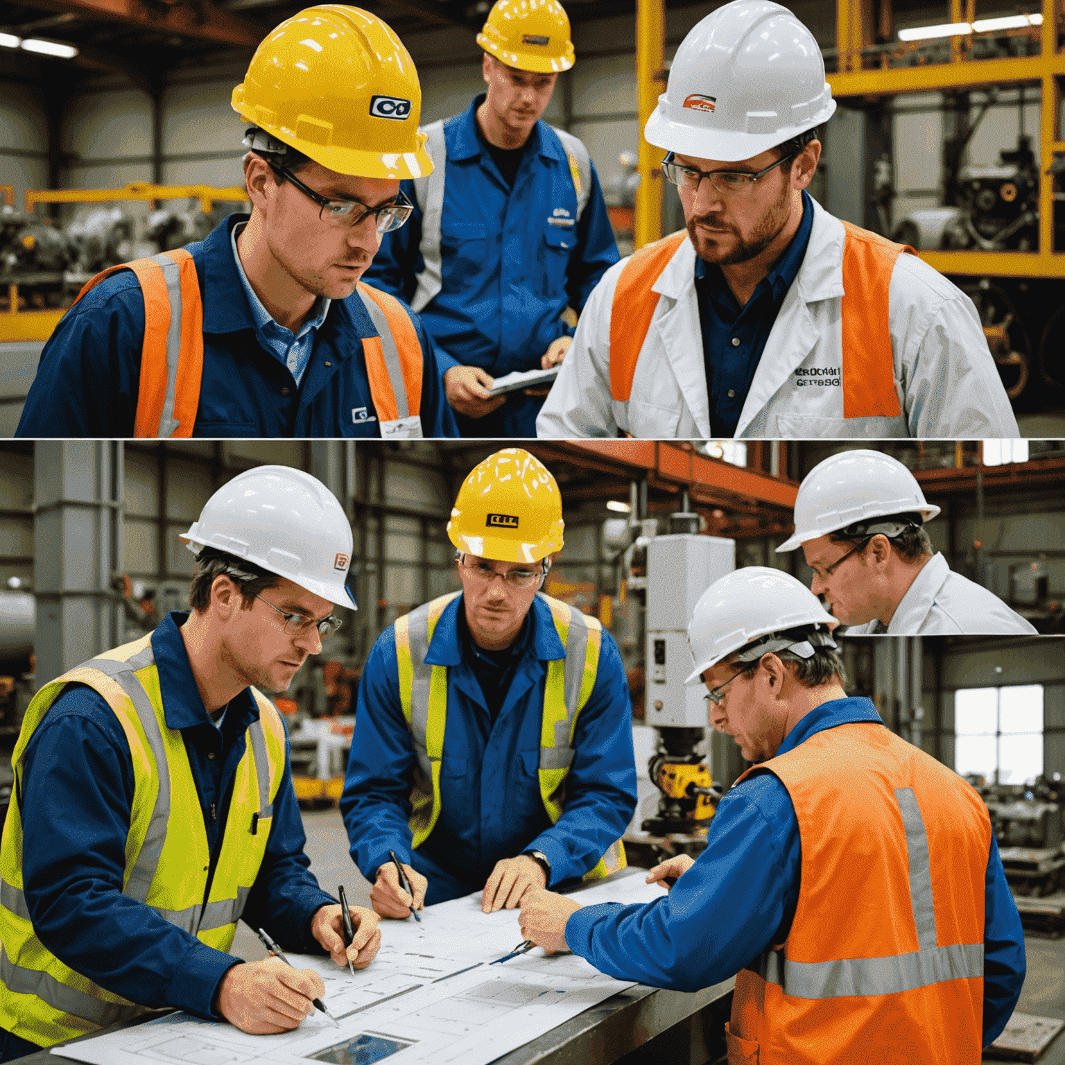 A montage of various oil industry professionals at work. The image shows a petroleum engineer examining blueprints, a geologist analyzing rock samples, a drilling operator at a control panel, an environmental specialist taking field measurements, and a safety coordinator conducting a briefing. All are depicted in their work environments, highlighting the diversity of careers in the Canadian oil industry.