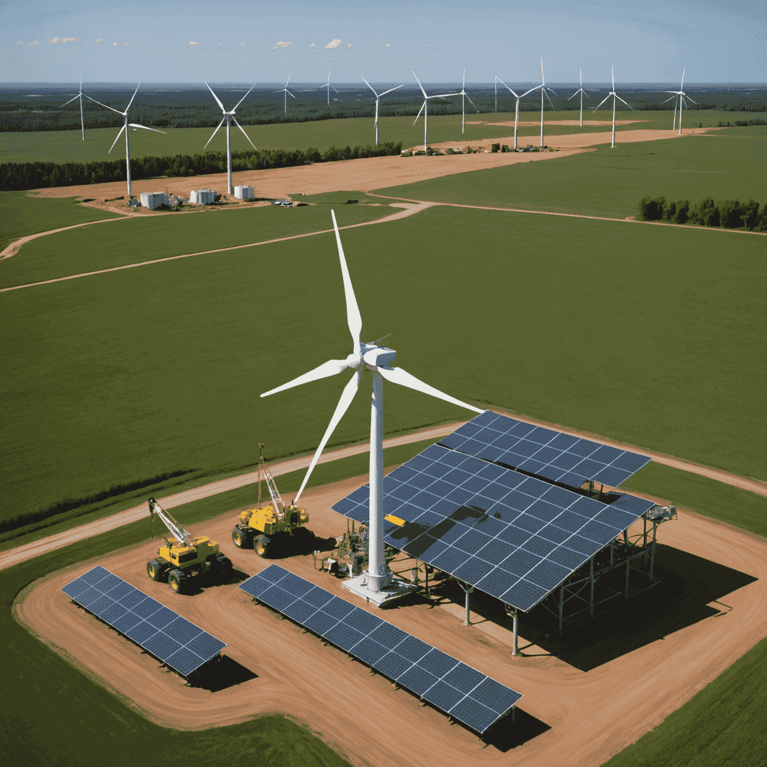 Solar panels and wind turbines powering oil well equipment in a Canadian oilfield, showcasing the integration of renewable energy in traditional oil extraction