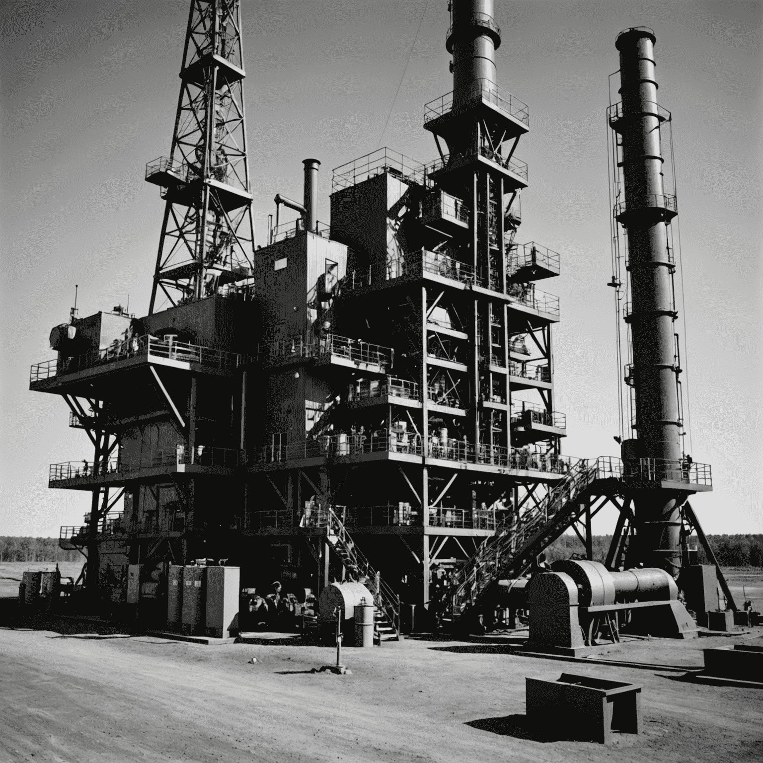 A black and white image showcasing modern oil extraction equipment and technologies used in Canadian oil fields