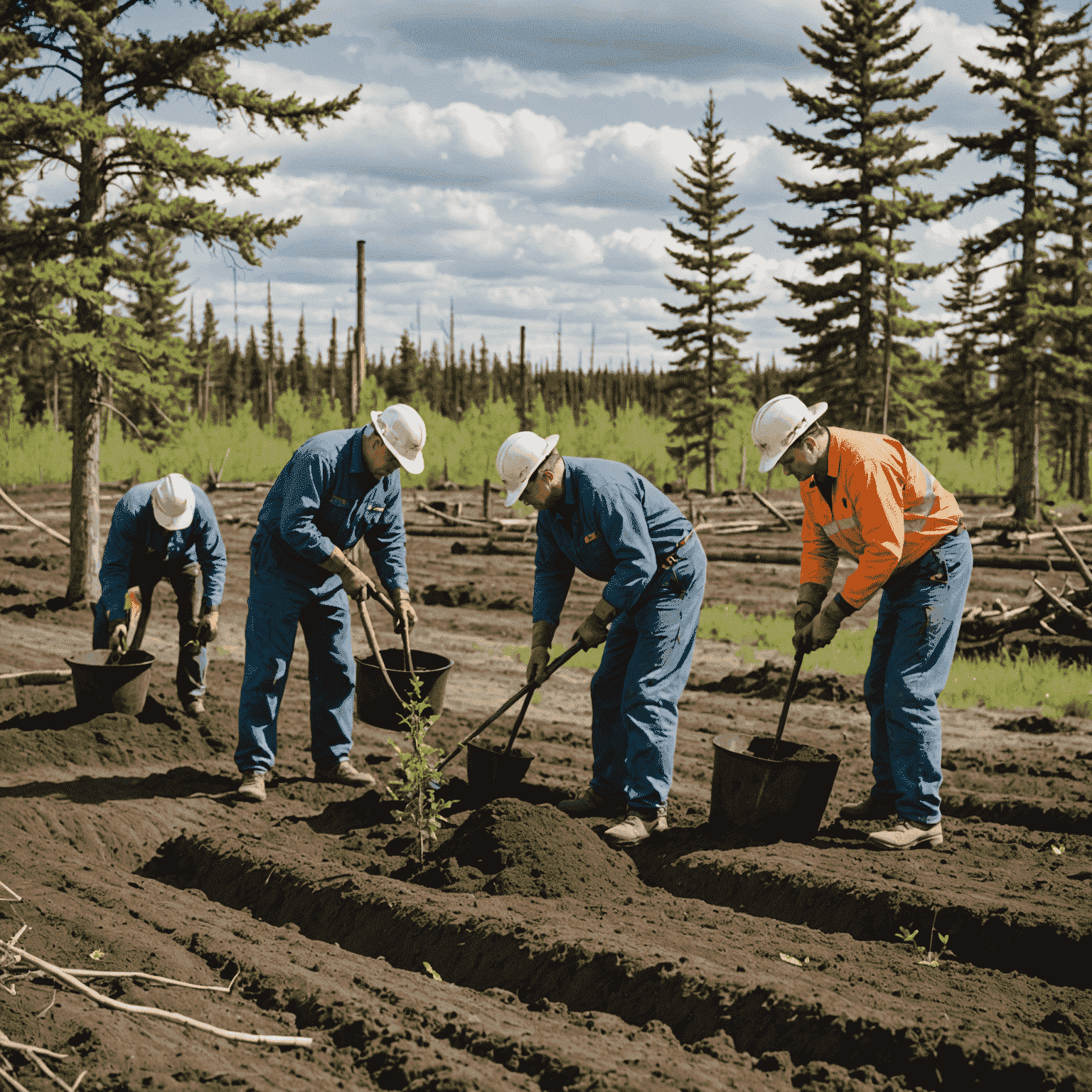 Canadian oil industry workers planting trees as part of a reclamation project near a former oil well site