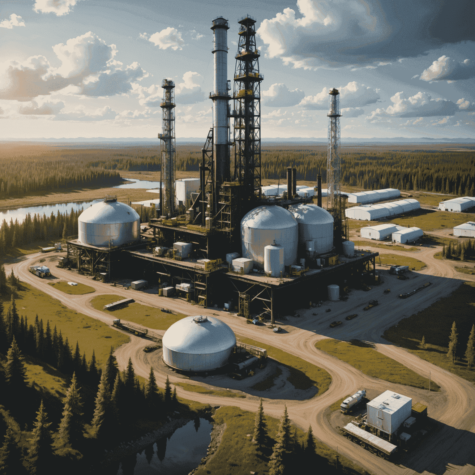 A futuristic Canadian oilfield with advanced sustainable technologies, showcasing a harmonious blend of oil production and environmental stewardship