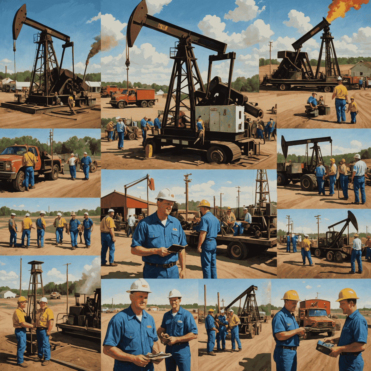 A collage of images showing oil well workers, a small town near an oil field, and community events, representing the social aspects of the Canadian oil industry.