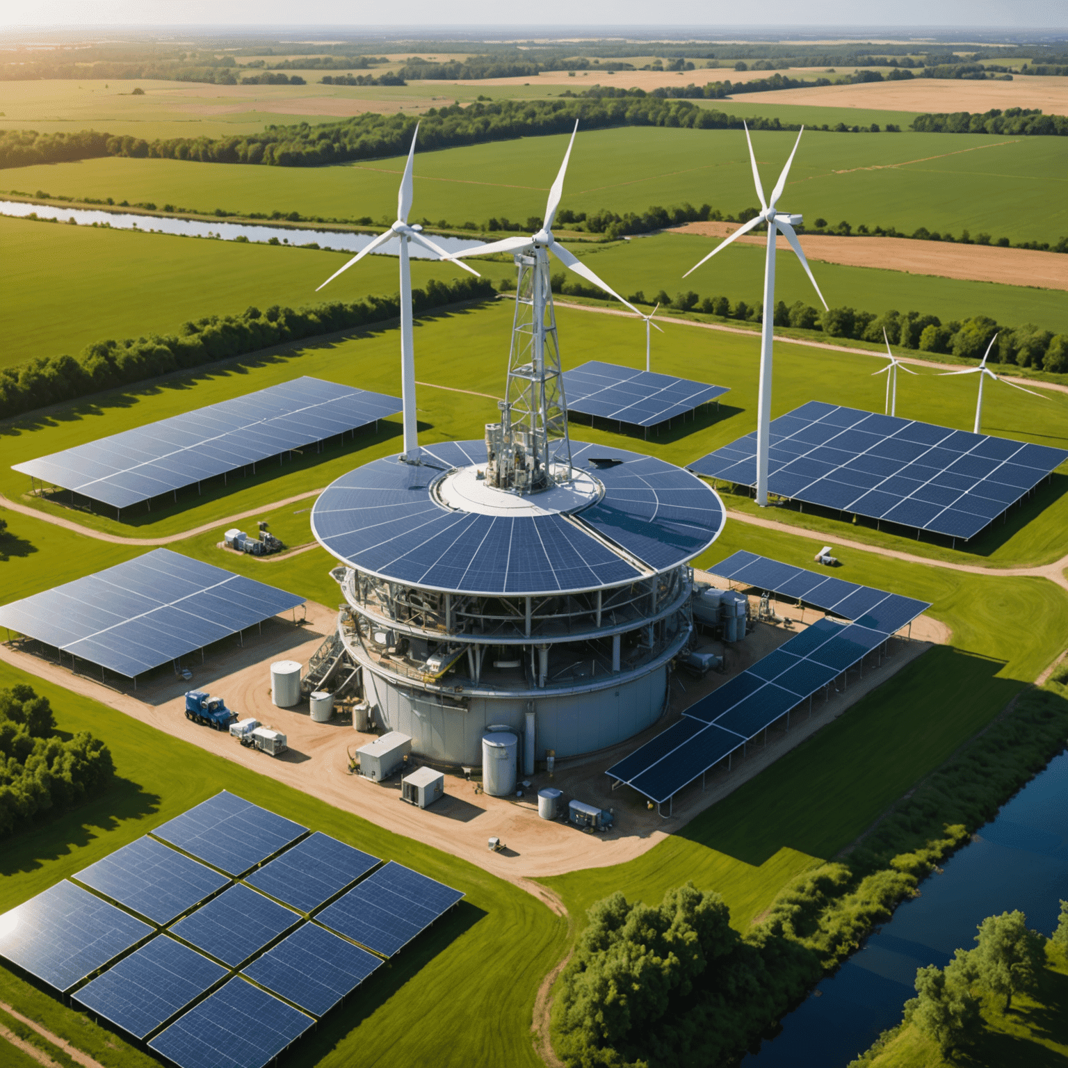 A futuristic oil well facility with solar panels, wind turbines, and green technology integrated into the traditional oil extraction infrastructure.